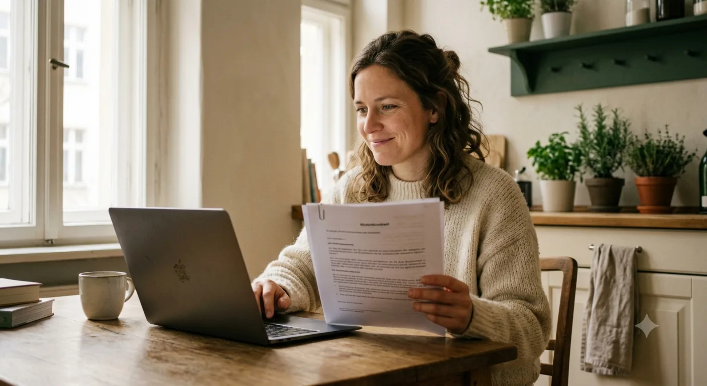 Person am Küchentisch prüft einen Vertrag mit dem Laptop